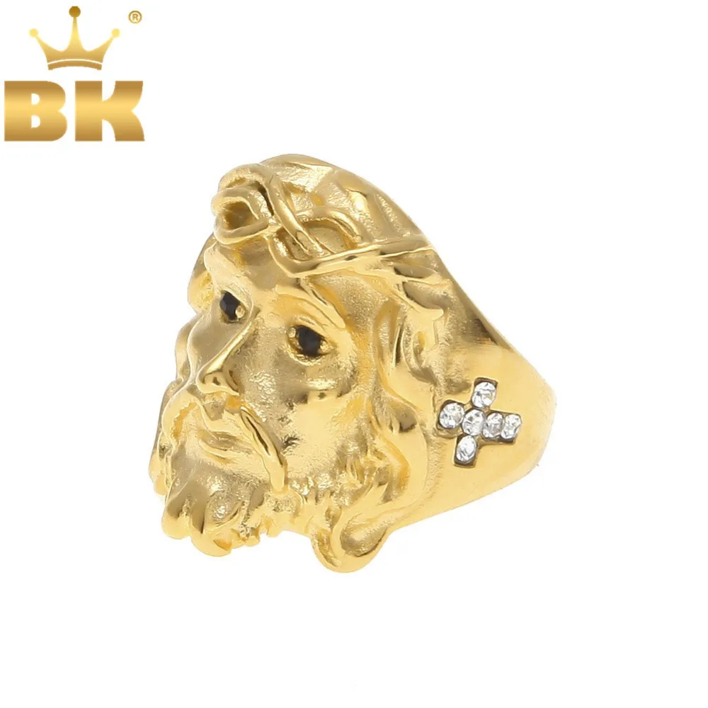 

THE BLING KING Gold Color Stainless Steel Jesus Ring With Iced Out Rhinestones Cross Rings For Mens Top Quality Rings Jewelry