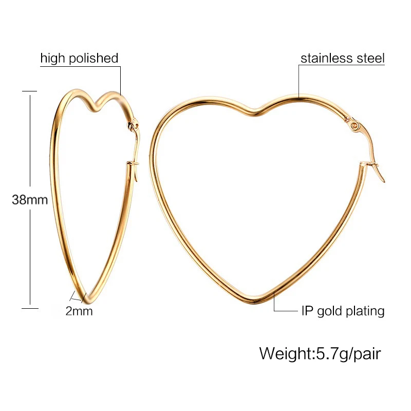 Meaeguet женские элегантные серьги-кольца в виде большого сердца из нержавеющей стали золотого цвета, полые круглые серьги, ювелирные изделия для ушей-2 мм x 38 мм