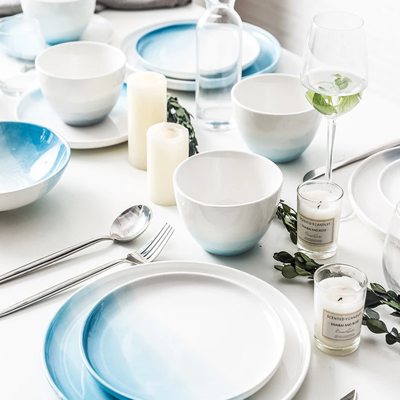 

Nordic Gradient Blue Color Ceramic Plate Bowl Cup Set Fruit Dish Dessert Plate Creative Tray Flat Tableware Set For Food Dishes