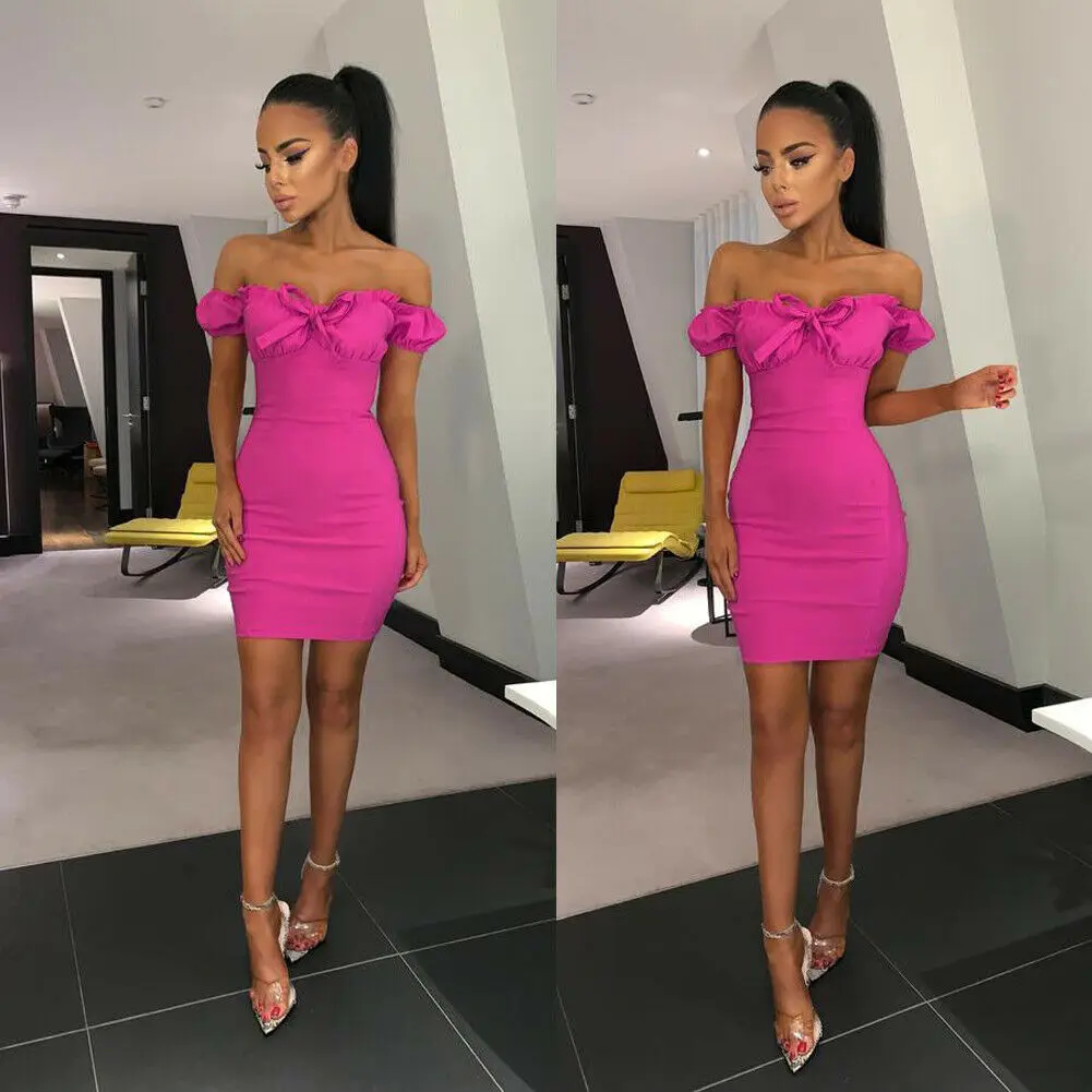 

2019 New Summer Sexy Women's Dress Above Knee Off Shoulder Sleeveless Slash neck Bow Bandage Bodycon Solid Skinny Dress
