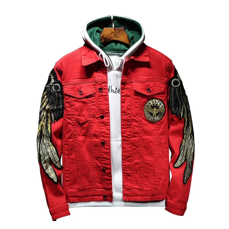 jean jacket with red hoodie