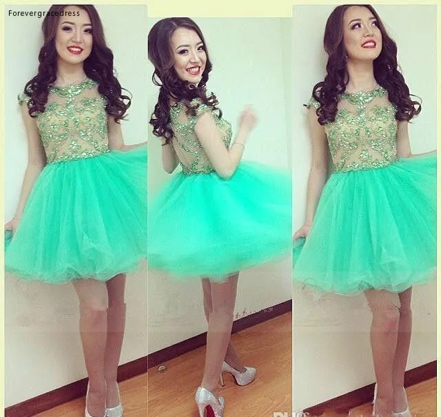 Fashion Mint Green Short Homecoming Cocktail Dresses Sheer Jewel Neck A Line Mini Tiers Tulle Skirt Sweet 15 Girl Prom Party Gowns ba9913  124