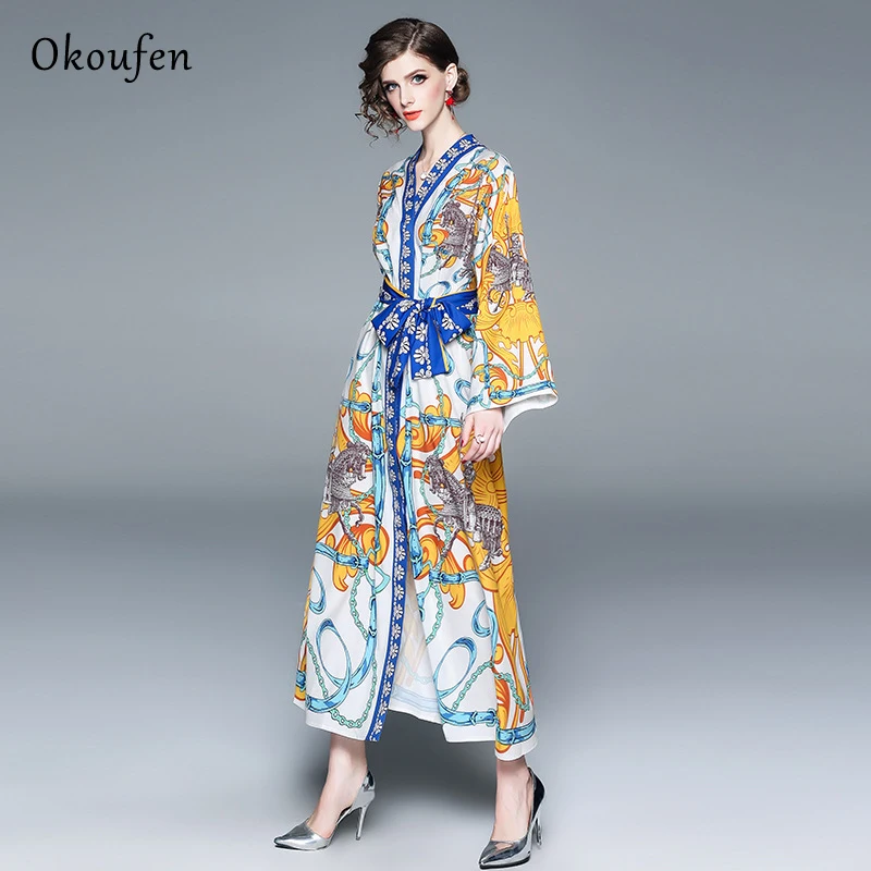 

OKOUFEN Spring 2019 Classic Dress Long Sleeved Fashion Series Loose and Comfortable Cat Step Leisure Holiday Dress ZX0006