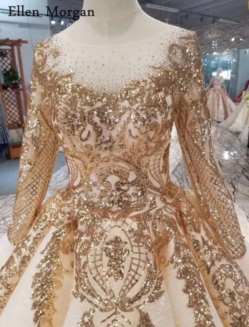 Elegant Champagne Glitter Fabric Ball Gowns Wedding Dresses Custom Made Long Sleeves Lace Beaded Lace Bridal Gowns