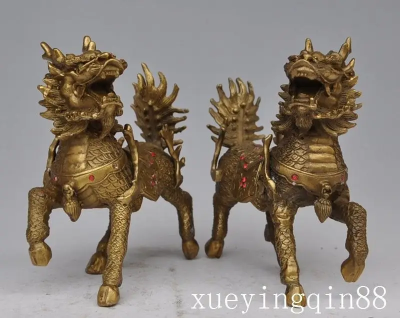 

Chinese Bronze Brass Fengshui Kylin Unicorn Beast Pixiu Animal Statue Pair metal handicraft