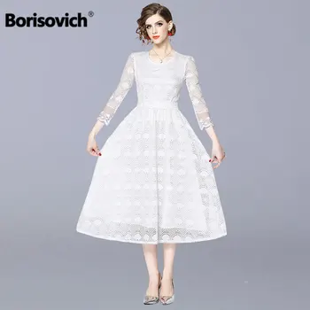 

Borisovich Ladies Elegant White Party Dress New 2019 Spring Fashion Luxury Hollow Out Lace A-line Women Casual Long Dresses N452