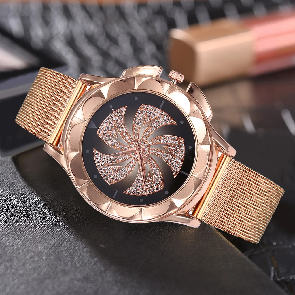 Модные женские наручные часы из розового золота с цветным циферблатом и ветряными мельницами, роскошные повседневные кварцевые часы Relogio Feminino, Прямая поставка