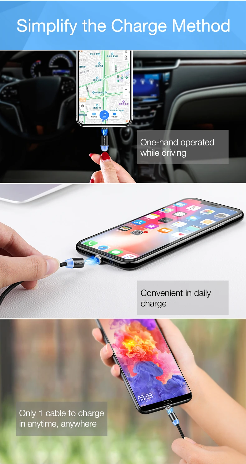 Cafele СВЕТОДИОДНЫЙ Магнитный зарядный кабель для iPhone, кабель Micro usb type C, магнитное зарядное устройство USB C для samsung Xiaomi huawei