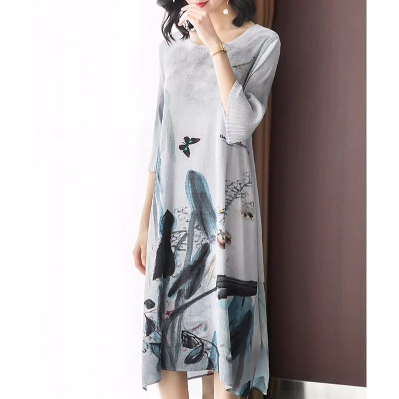Azterumi, специальные складки, лето, женское винтажное плиссированное платье с круглым вырезом и цветочным принтом, большие размеры, свободные платья миди - Цвет: Серый