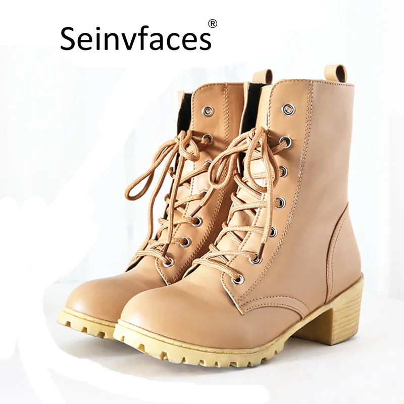 

Women's Spring Autumn Martin Motorcycle Black Round Toe Fleeces Lace-up Square Heels Short Ankle Strap Boots Female Booties F38
