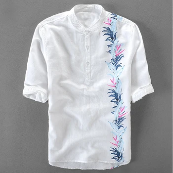 

NEW 100% Linen 2018 mens stand-collar half sleeve shirts casual mens linen shirts fashion mens print shirts slim tops