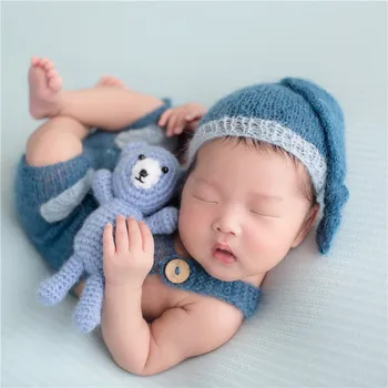 

Dark Blue Handmade Crochet Baby Boys Romper Hat Set Photo Prop Soft Mohair Newborn Overall Photography Props