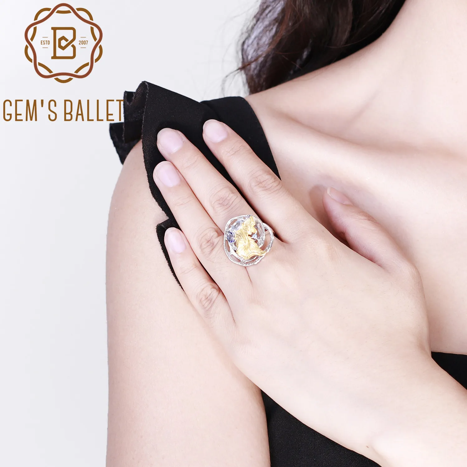 

GEM'S BALLET Natural Sky Blue Topaz Mystic Quartz Rings 925 Sterling Silver Monstera Leaves Handmade Ring For Women Fine Jewelry