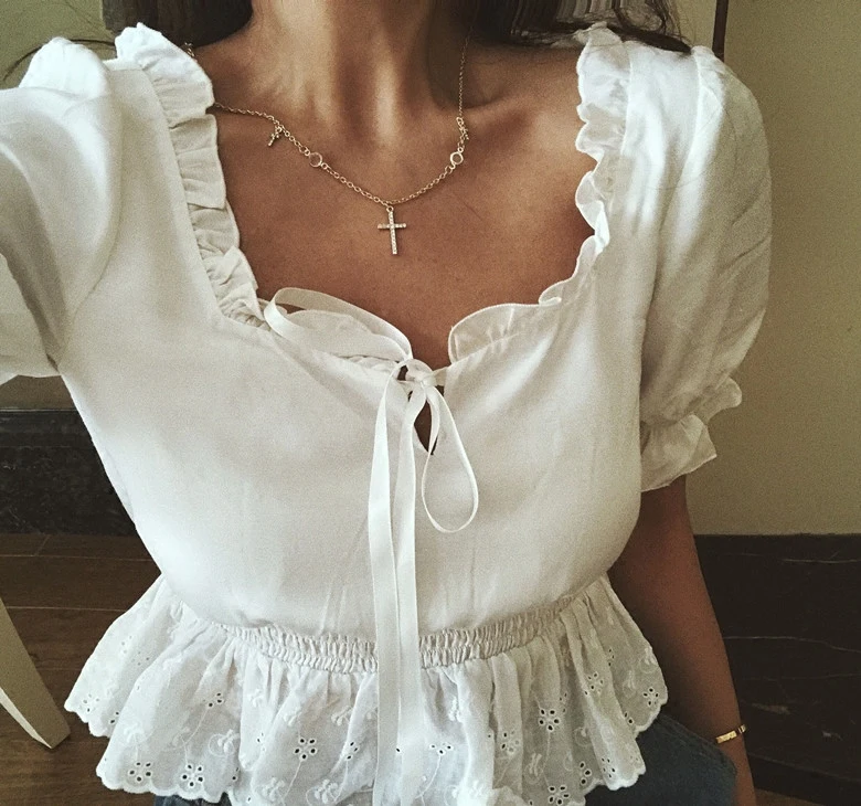 Ceny Lato Kobiety pas na Klatkę piersiową Plac collar lace Crop Top Łączone koronki Lam oacute;wka z Puff Rękawem Bluzka dla Kobiet topy bluzka