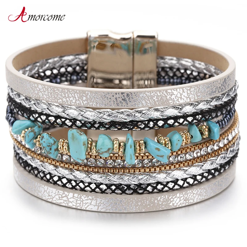 

Amorcome Blue Natural Stone Leather Bracelets For Women Trendy Boho Braided Rope Wide Multilayer Wrap Bracelet Female Jewelry