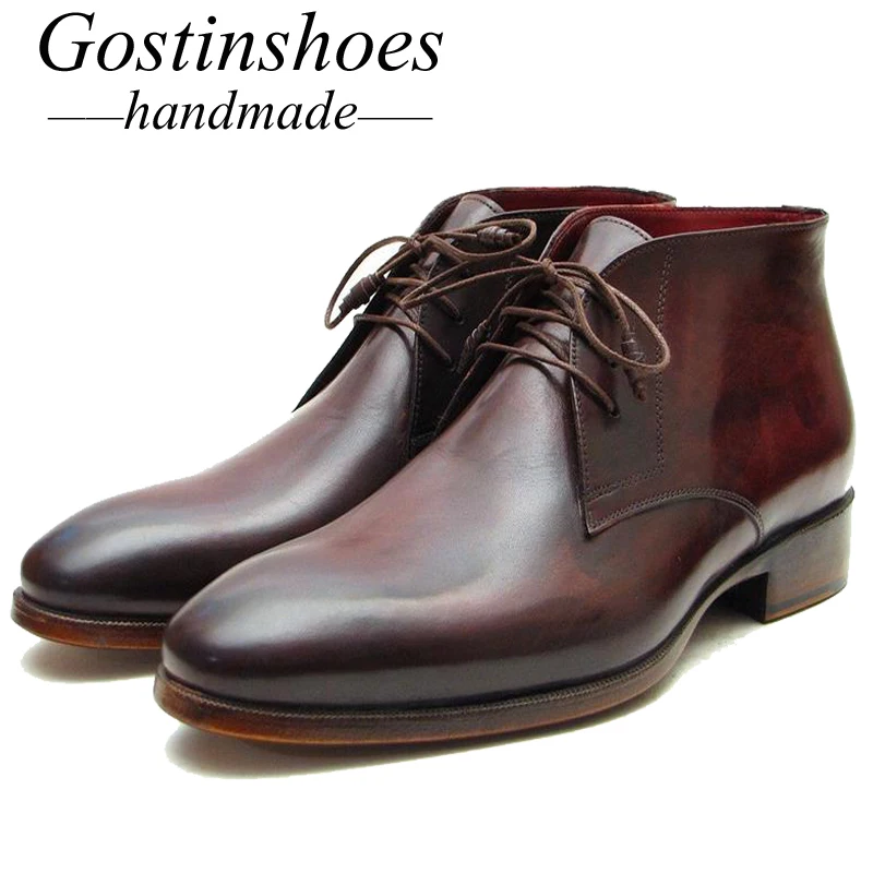 

GOSTINSHOES HANDMADE Goodyear Welted Handmade Brown Work Boots Genuine Leather Men Boots Half Rubber Outsole Lace-Up SCT37