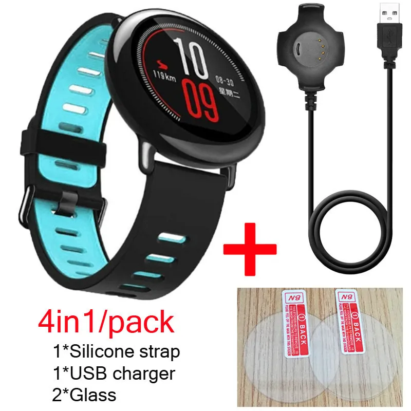 4в1 ремешок для оригинальных часов Xiaomi Huami Amazfit pace силиконовый ремешок для умных часов+ USB кабель для зарядки док-станция+ стеклянная защита для экрана - Цвет: black-blue