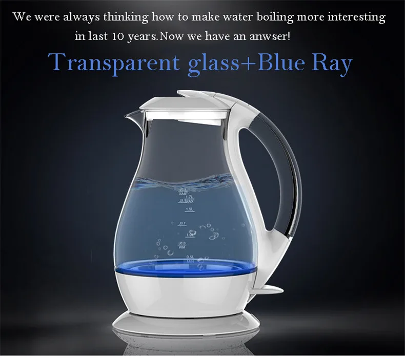Удивительное синее светодиодное стекло 1800 Вт 220 В Электрический чайник Авто-офф Электрический высокий боросиликатный стеклянный чайник