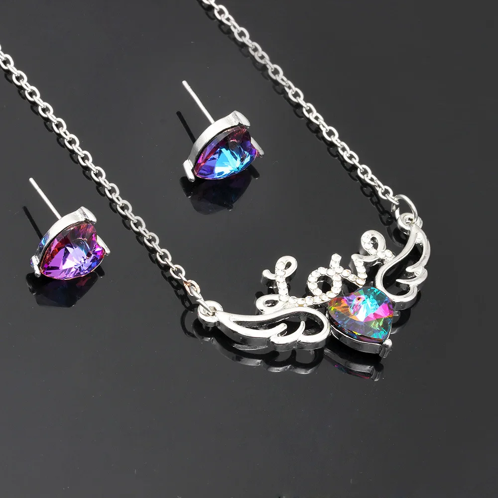 

Korean Colorful Love Wings Necklace Set Female Heart-shaped Crystal Pendant Earrings Two-piece