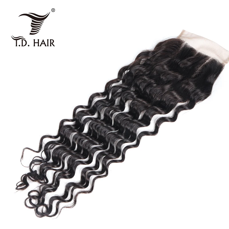TD волос бразильский глубокий синтетические волосы волнистые 4x4 человеческие волосы вьющиеся синтетическое закрытие шнурка Средн