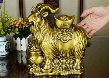 

China Brass Zodiac Fengshui Yuanbao Wealth Money Sheep Goat Treasure bowl Statue