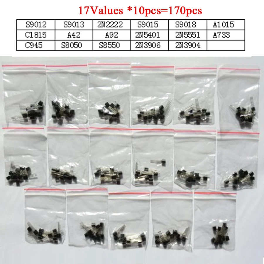 

Transistor Assorted Kit S9012 S9013 2N2222 S9015 S9018 A1015 C1815 A42 A92 2N5401 2N5551 A733 C945 S8050 S8550 2N3906 2N3904