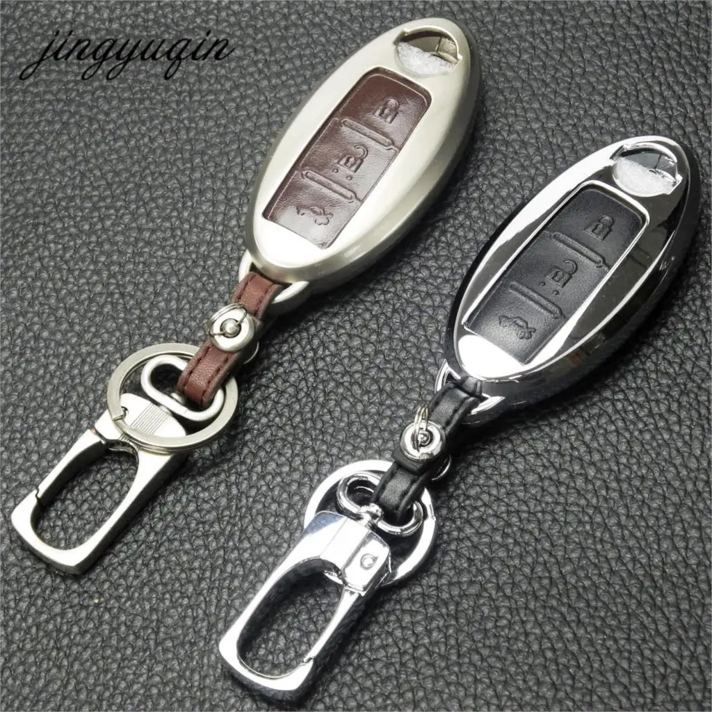 

jingyuqin Smart Key Zinc Leather Case for Nissan Qashqai X-Trail insert remote key Cover with trunk Button