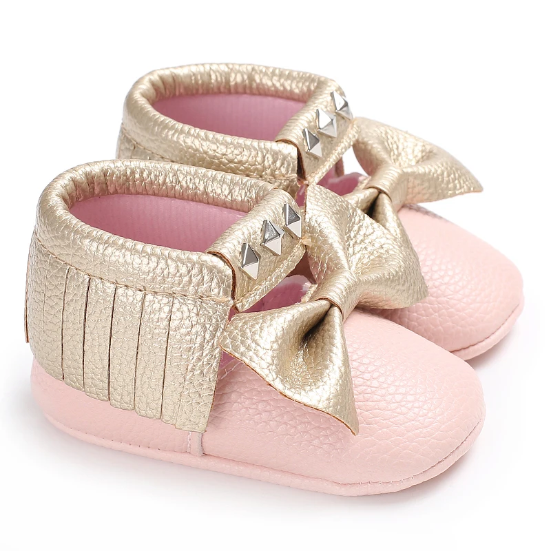 Pink Newborn Moccasins butterfly-knot Soft sole Tassels Baby girls dress shoes PU leather pink infant Newborn Baby Shoes