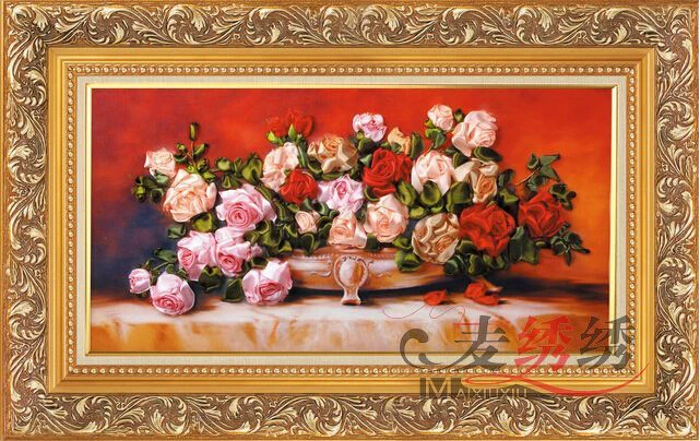 

Needlework,DIY Ribbon Cross stitch Set for Embroidery kit,Table Vase Rose flower love ribbon Cross-Stitch handwork wedding