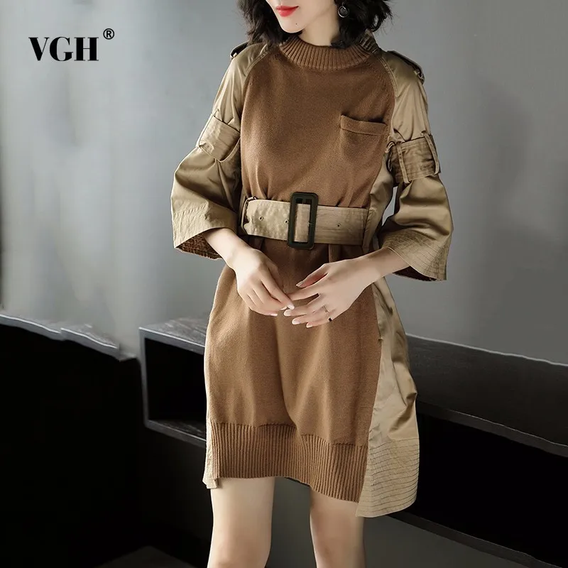 

VGH Elegent Clothes For Women O Neck Three Quarter High Waist Sashes Mini Dress Female Patchwork Straight Tops Fashion New 2019