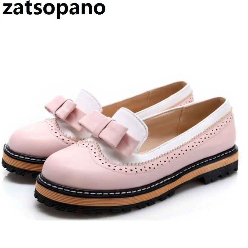 

Zatsopano Women Shoes Spring Platform Flats Slip On Bow Brogue Shoes Cutout Sewing Loafer Round Toe 2019 Flats Pink Big Size 43