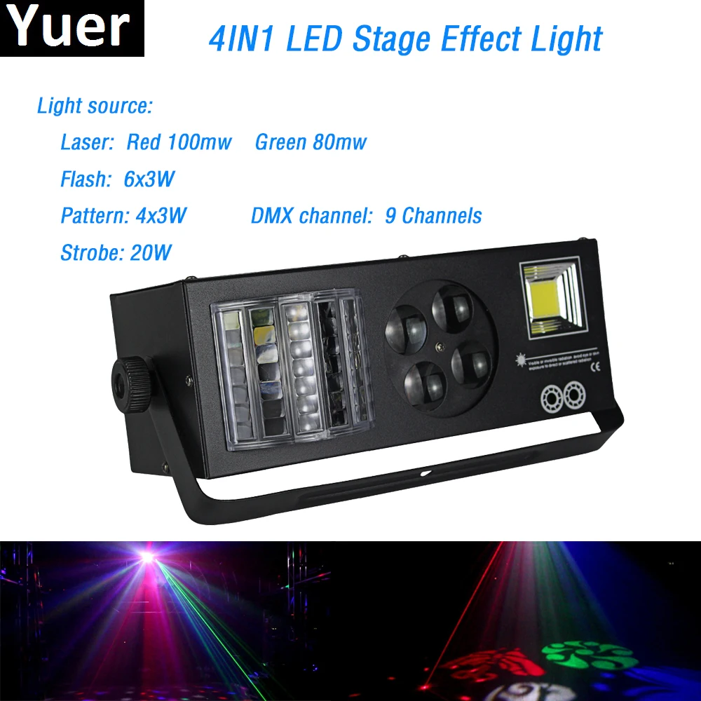 

Stage Effect Light pattern flash laser strobe 4in1 light led lamp 9 channels DMX512 dj light disco lights moving head led par