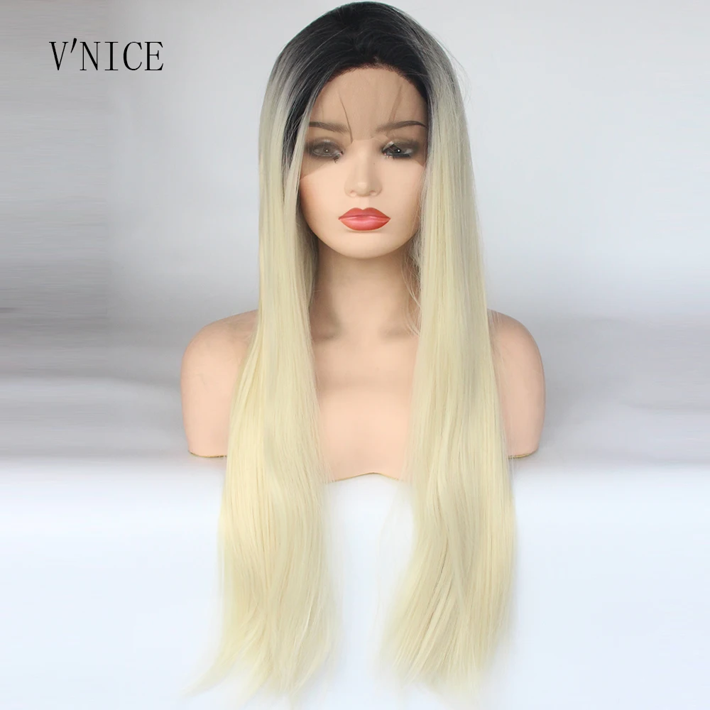 Long Dark Roots Ombre Bleach Blonde Two Tone Heat Resistant Fiber Wig