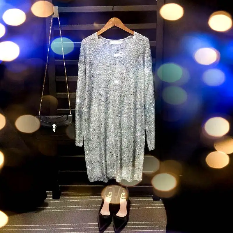 

sequins dress v neck beading dress oversized sweater dress 2017 spring autumn sexy party fashion silver gold blue pink black