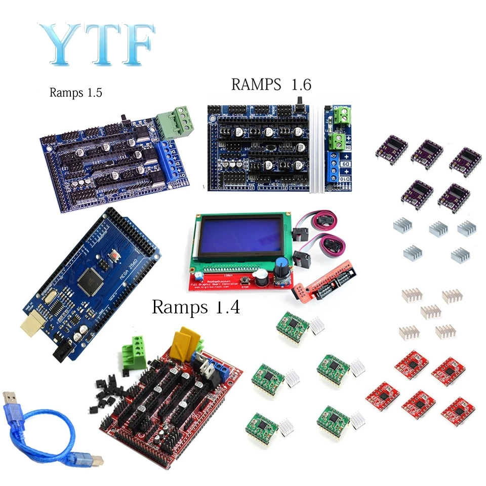 Tanie Mega 2560 R3 + 1 sztuk RAMPS 1.4 1.5 1.6 kontroler + 5 sztuk A4988 moduł napędu krokowego 12864 LCD Control zestaw do drukarki 3D