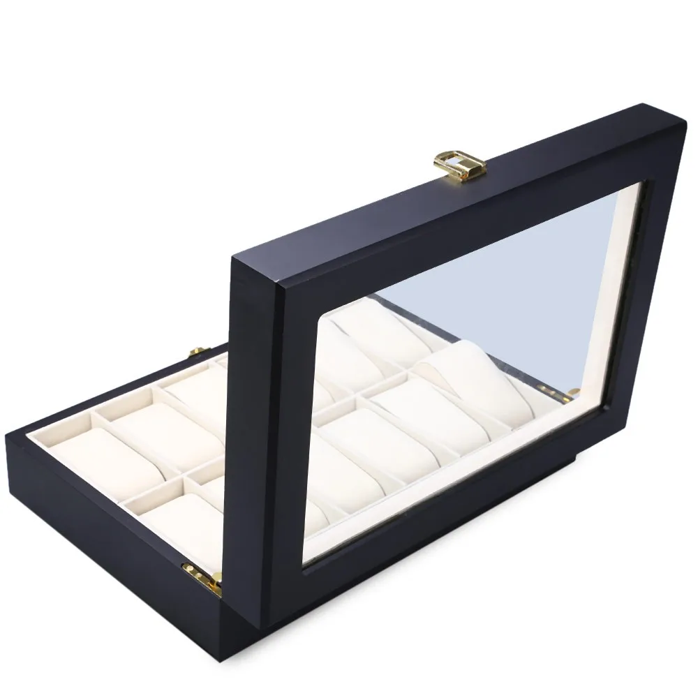High Quality 12 Slots Elegant Wood Watch Display Case Watches Box Glass Top Jewelry Storage Organizer caixa para relogio 4