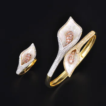 

Dazz NEW Classic Big Flower Ring Bangle Beautiful Multi Color Zircon Copper For Wedding Banquet Women Hand jewelry Set Gift 2019