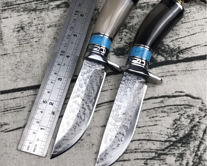 

Sharp Ox horn handle Hunting Knife Handmade forged Damascus Steel camping knife 58-60HRC leather handle survival Tactical tool