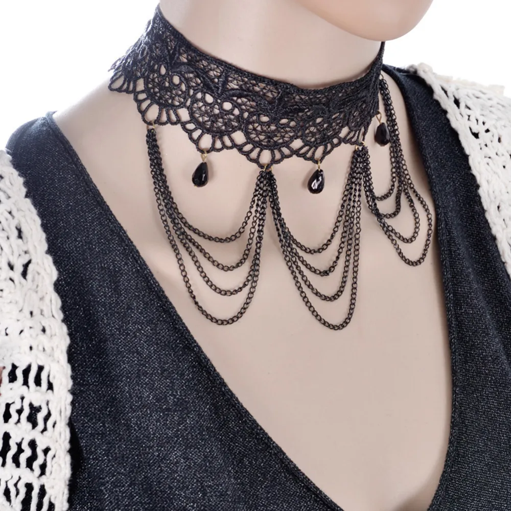 Lady Black Lace Choker Beads Tassels Chain Pendant Party Bib Necklace Jewelery