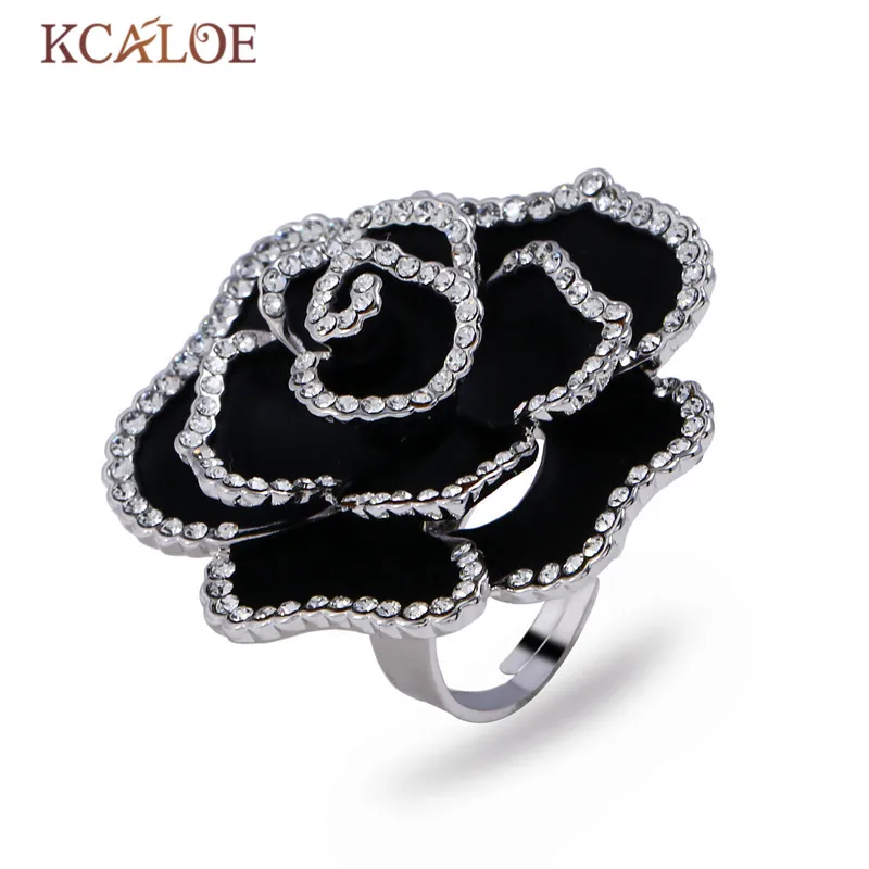 

KCALOE Silver Color Large Flowers Wedding Ring Adjustable Size Black Enamel Crystal Rhinestone Open Finger Rings For Women