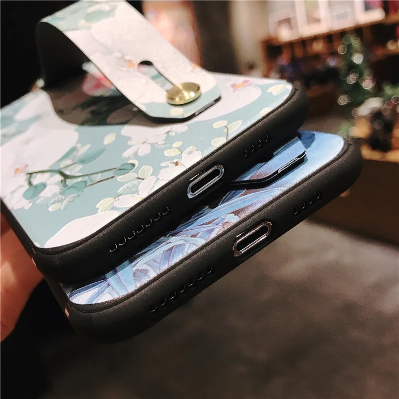 6 SoCouple Wrist Strap Phone Case For iphone 7 8 6 6s plus Case For iphone X Xs max XR Relief Flower Floral Pattern Soft TPU Case