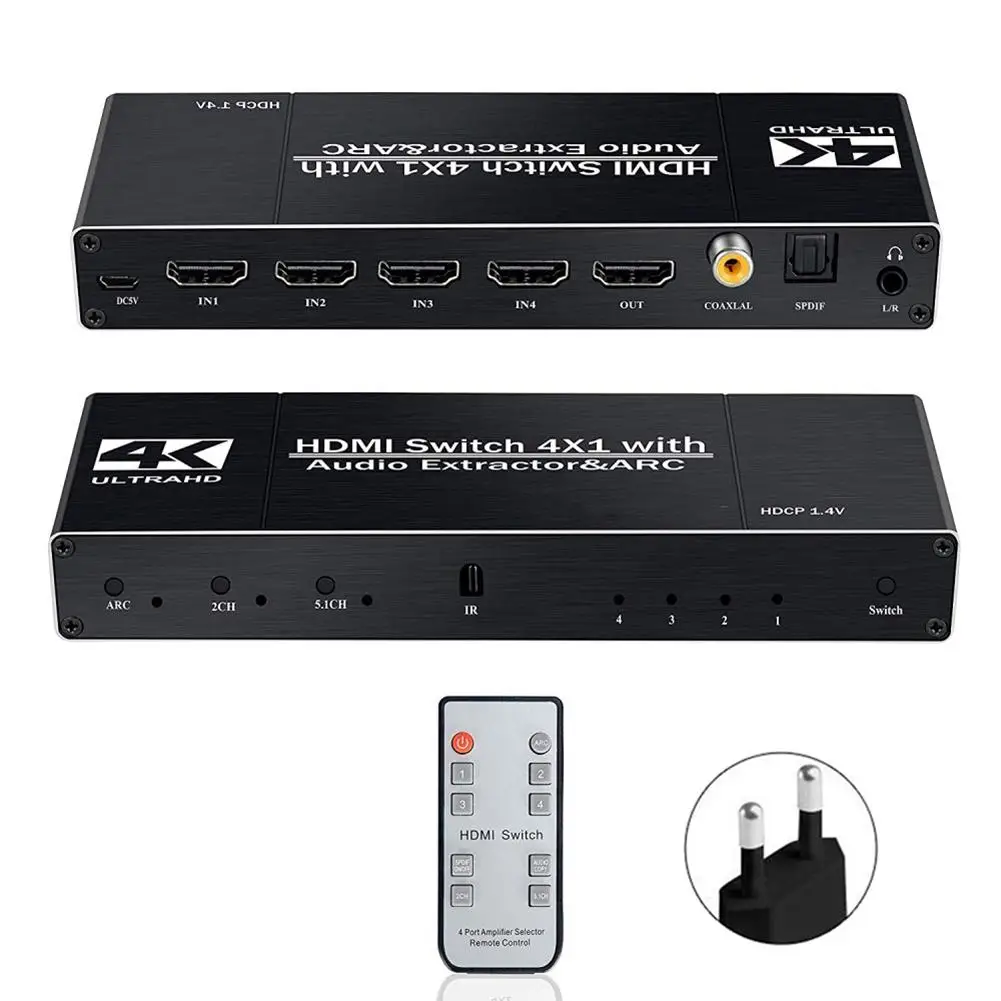 HDMI2.0 коммутатор 4 в 1 с аудио разделения Поддержка HDR10 ARC 4 k 60 hz Поддержка 5,1 канал HDCP 1,4 4K @ 60 Гц HDMI переключатель с пультом дистанционного