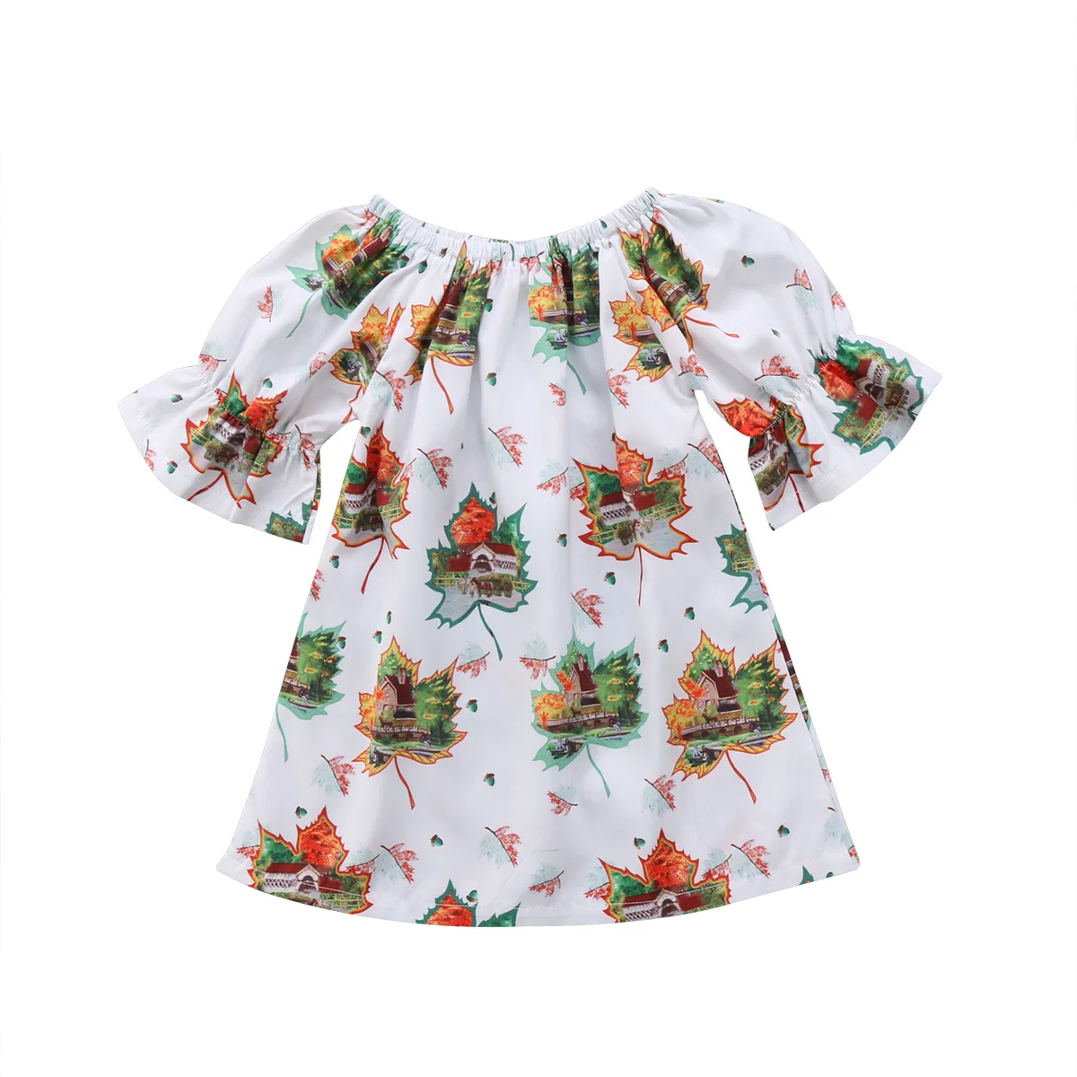 

2017 Christmas Toddler Kid Baby Girls Xmas Maple Leaves Print Costume Cute Floral Long Sleeve Dresses Size 2-6T