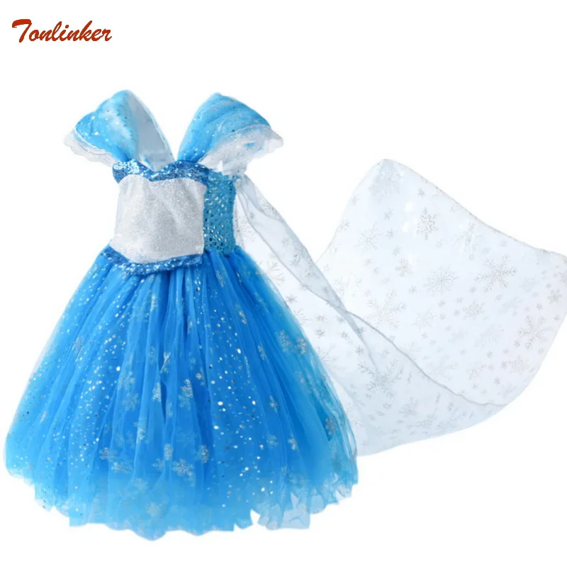 

2019 New Elsa Dress Lace Ruffle Sleeve Sequined Dress Kids Princess Party Costume Cosplay Snow Queen Baby Girls Dresses + Cape