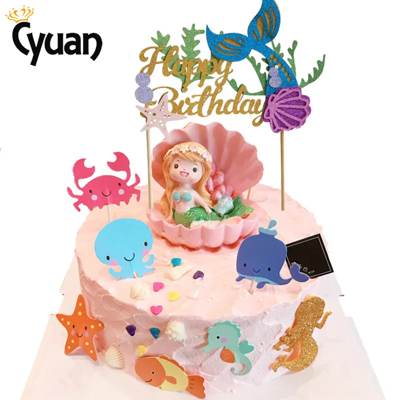 

Happy Birthday Paper Cake Topper Mermaid Party Decorations Princess Children Kids Party Supplies Seashell Starfish Cake Decor
