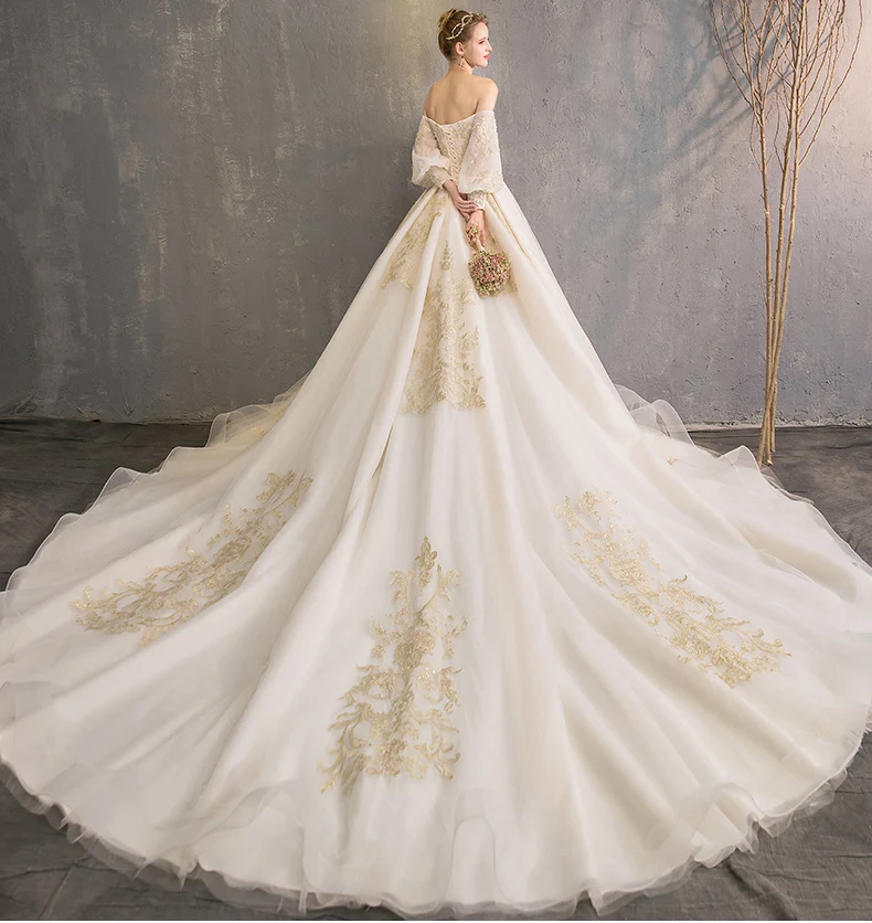 2018 Haute Couture бальное платье Для женщин свадебное платье Золотые Аппликации Свадебные платья Бисер большой поезд vestidos de noiva