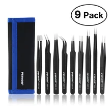 PIXNOR 9pcs Premium Anti-static ESD Stainless Steel Tweezers Set with Case for Electronics /Laboratory Work / Hobbies