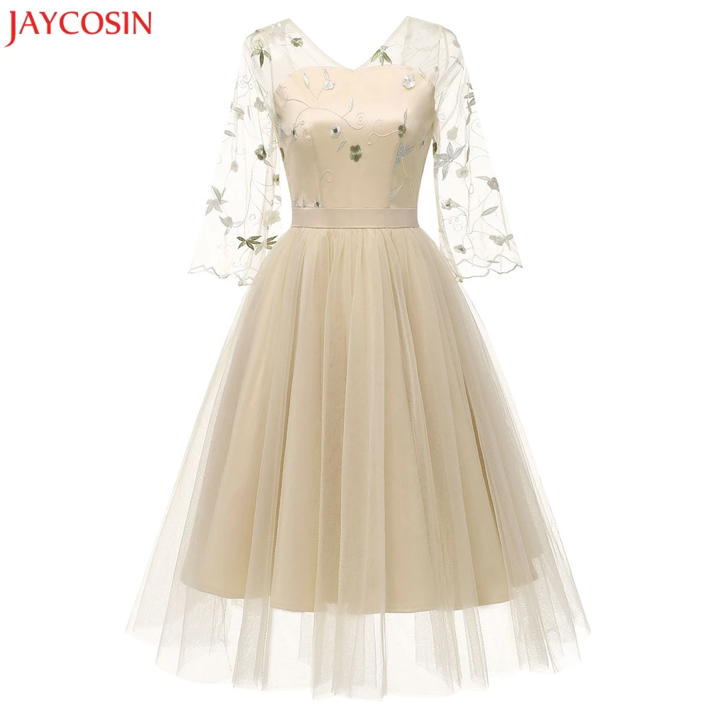 JAYCOSIN S-2XL осень Для женщин полиэстер Винтаж принцессы цветочные кружева коктейль v-образным вырезом Вечерние Алина Свинг одноцветное платье