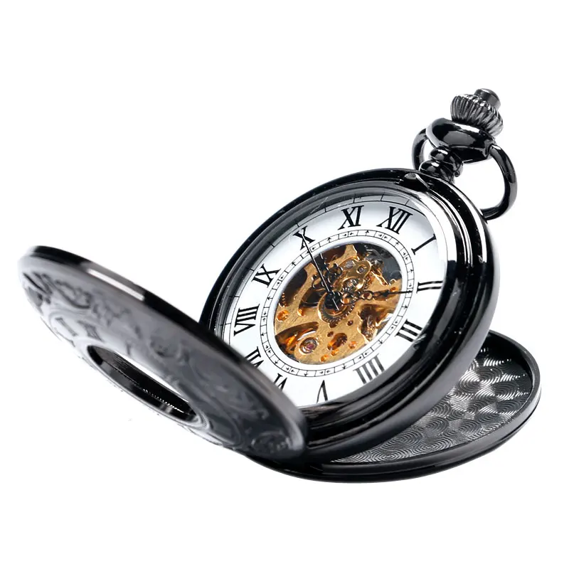 Двойной Охотник механические с ручным заводом римские цифры кармашек для часов Часы для мужчин и женщин Relogio женские часы винтажные черные