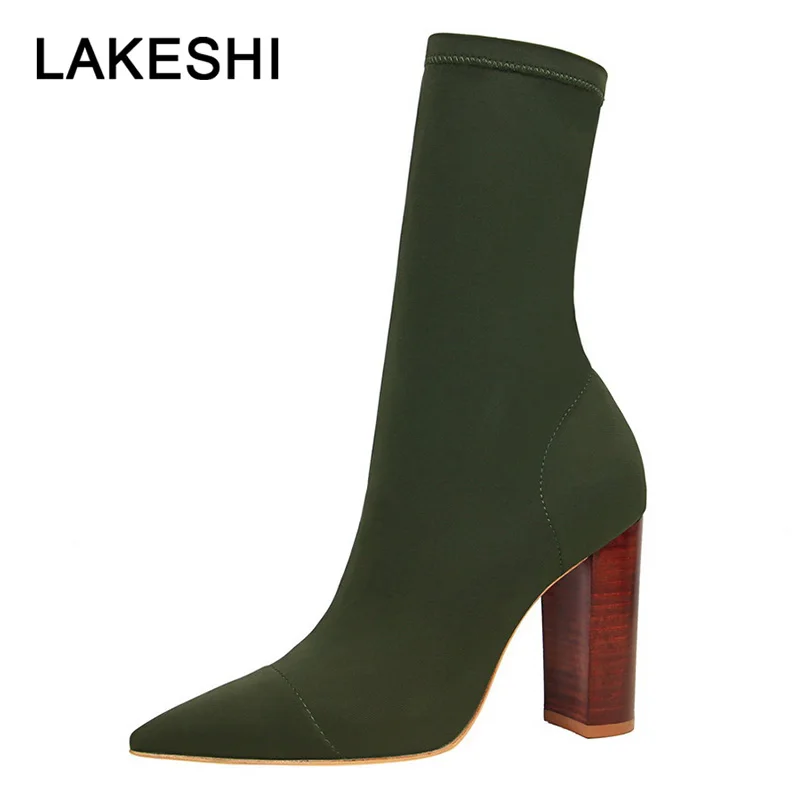 LAKESHI/зимние сапоги, женская обувь, носок, сапоги в стиле ретро, ботильоны на квадратном каблуке, лайкра, эластичные сапоги на высоком